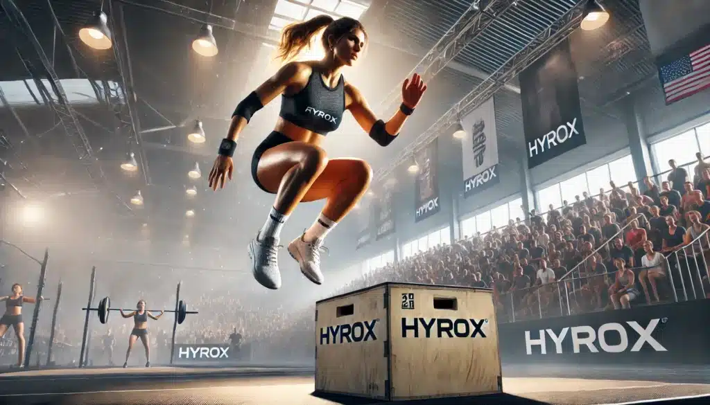 Compéttion Hyrox : femme effectuant un box jump