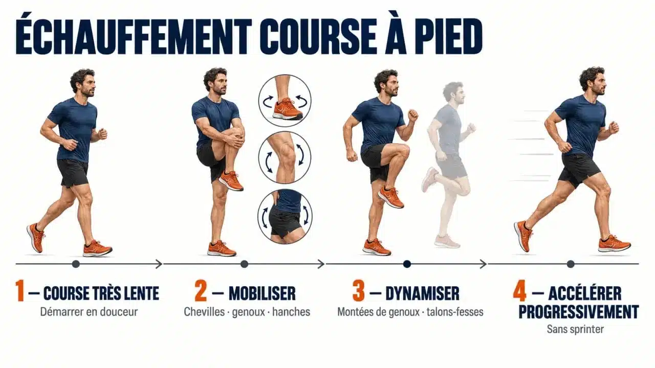 Routine d'échauffement course à pied en quatre étapes, de la course lente aux accélérations progressives