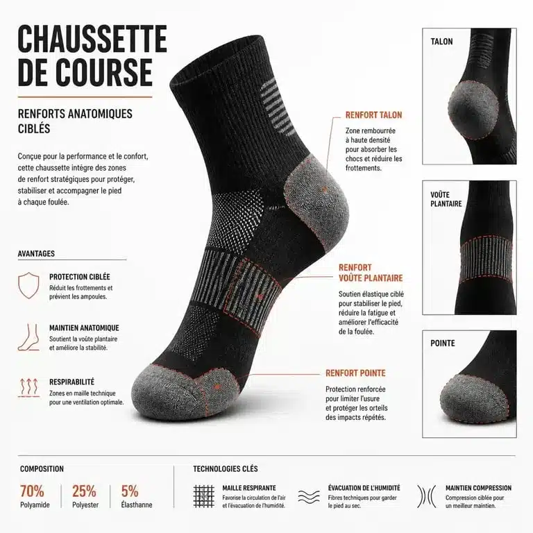 Zones de renfort anatomique sur une chaussette de course à pied