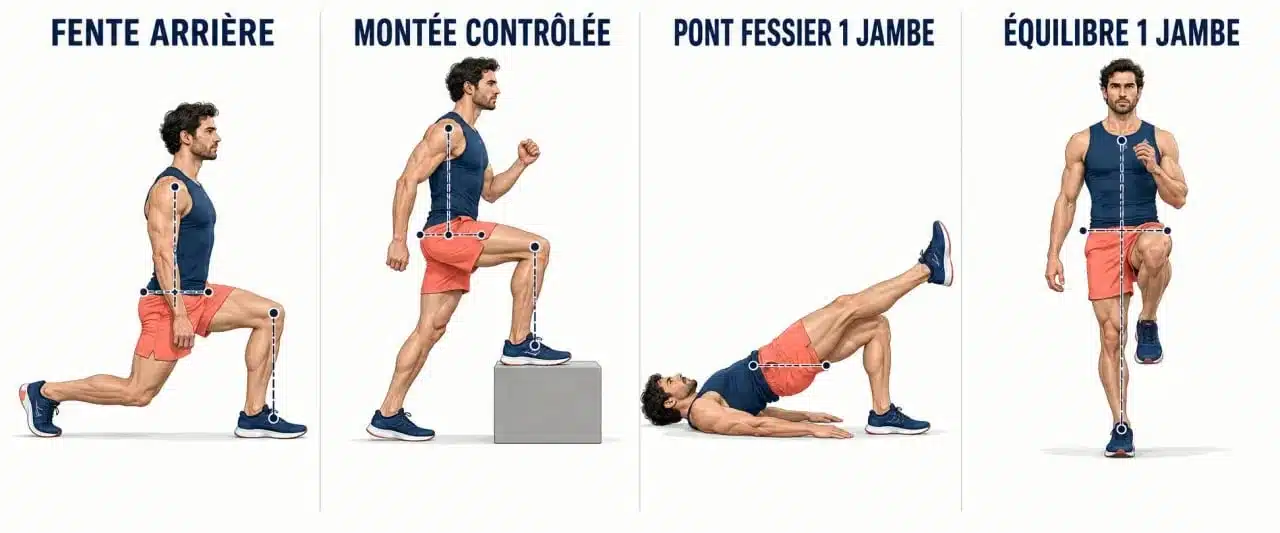 Exercices de renforcement musculaire pour la course à pied : fente, pont fessier et équilibre sur une jambe
