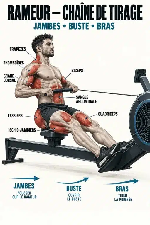Muscles sollicités sur un rameur : jambes, fessiers, dos, bras et sangle abdominale