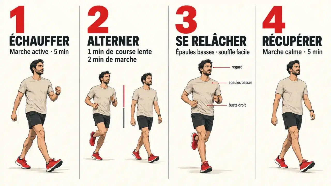 Illustration des étapes pour commencer la course à pied avec échauffement, alternance marche-course et retour au calme