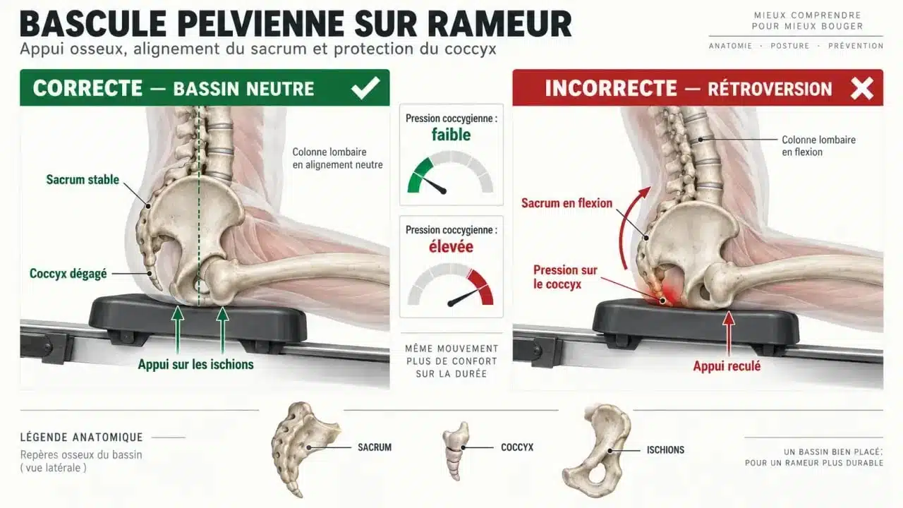 Schéma anatomique du coccyx et du bassin expliquant la douleur coxys rameur