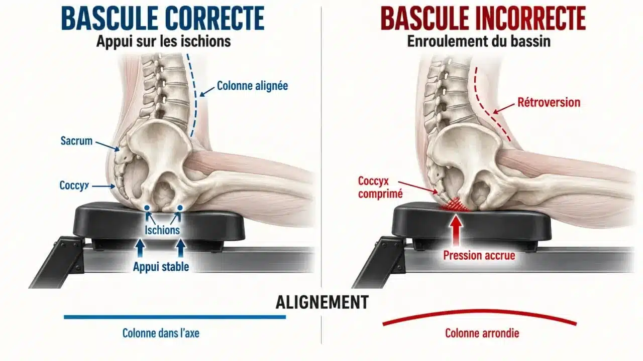 Schéma anatomique du coccyx et du bassin expliquant la douleur coxys rameur