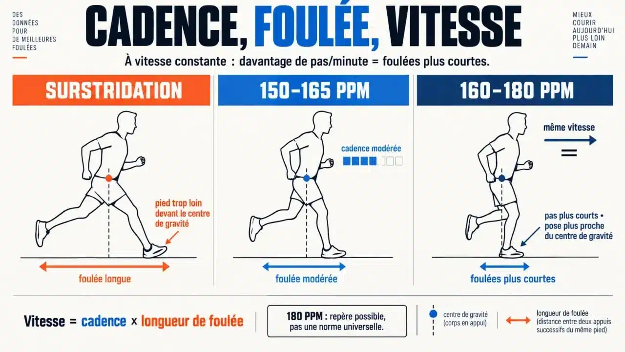 Infographie sur la cadence course à pied, la longueur de foulée et la surstridation