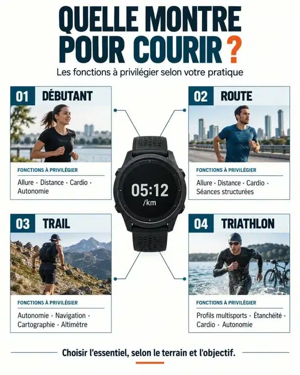 Infographie pour choisir une montre course à pied selon son profil et ses besoins