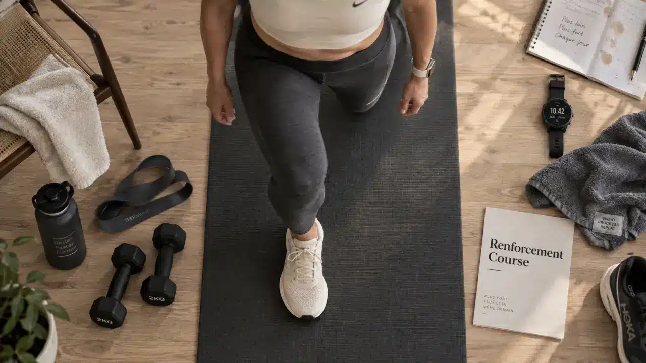Renforcement musculaire course à pied : fente arrière, haltères et sangle