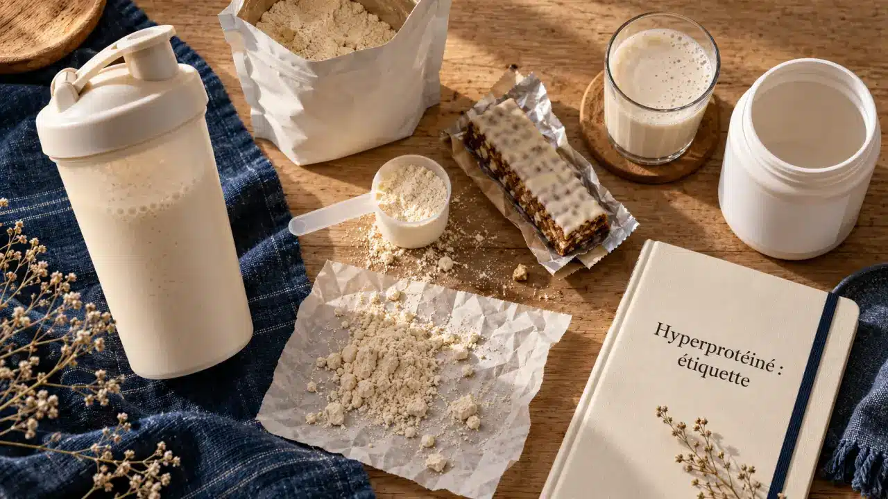 Compléments alimentaires hyperprotéinés : shaker, poudre et boisson protéinée