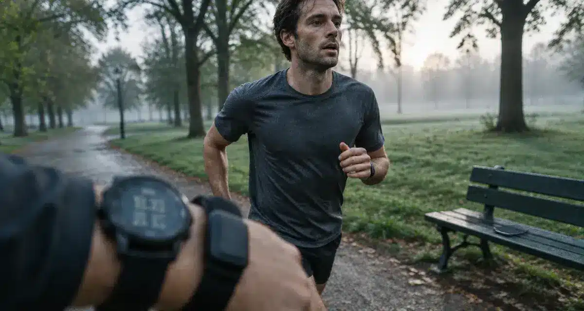 EF course à pied : coureur au petit matin, montre GPS, cardio