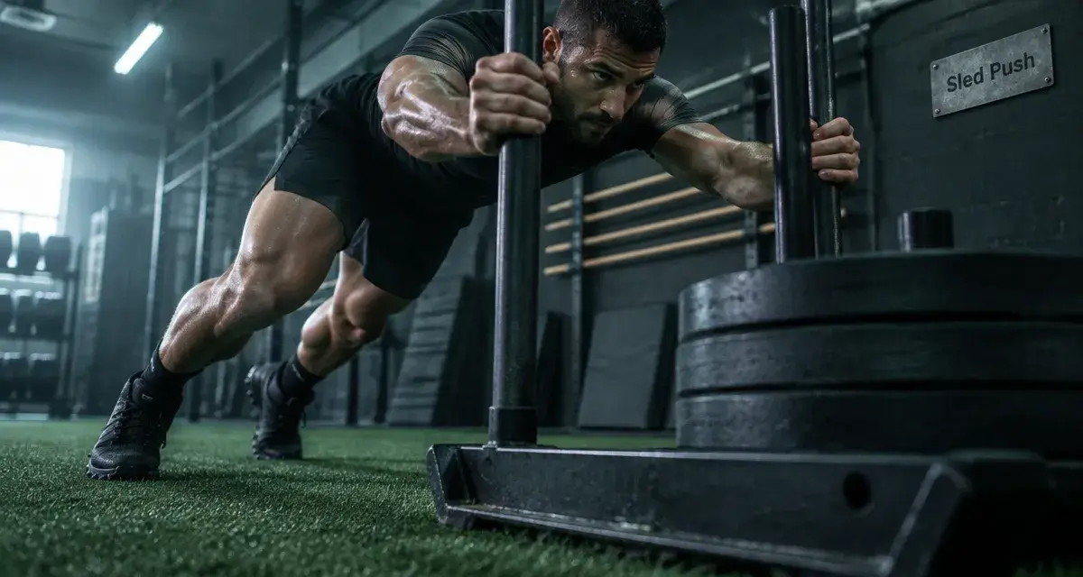 Sled push : athlète pousse le traîneau